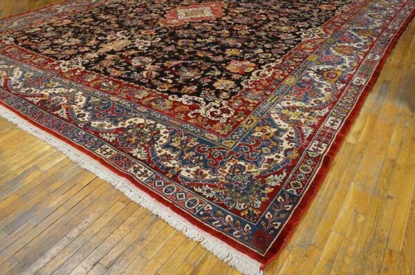 Antique persian bakhtiari carpet 15'6"×16'10" black field, teal blue border, mid 20th century, circa 1940 - detail view 1