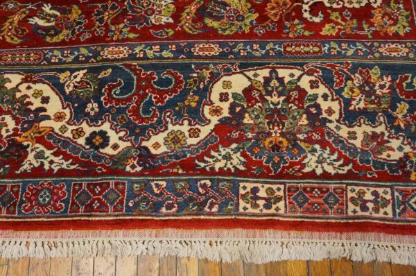 Antique persian bakhtiari carpet 15'6"×16'10" black field, teal blue border, mid 20th century, circa 1940 - detail view 4