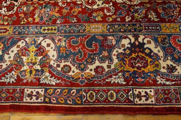 Antique persian bakhtiari carpet 15'6"×16'10" black field, teal blue border, mid 20th century, circa 1940 - detail view 5