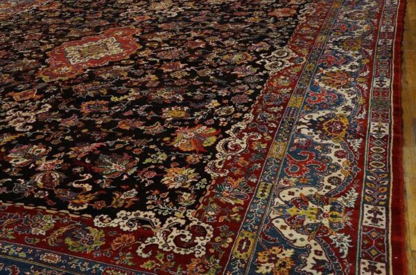 Antique persian bakhtiari carpet 15'6"×16'10" black field, teal blue border, mid 20th century, circa 1940 - detail view 6