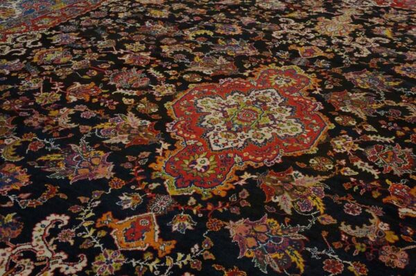Antique persian bakhtiari carpet 15'6"×16'10" black field, teal blue border, mid 20th century, circa 1940 - detail view 7