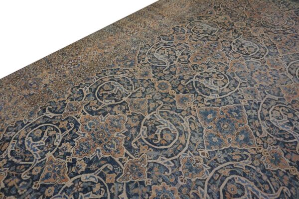 Antique persian bakhtiari rug 12'×18' dark blue, peach border, circa 1920 - detail view 3