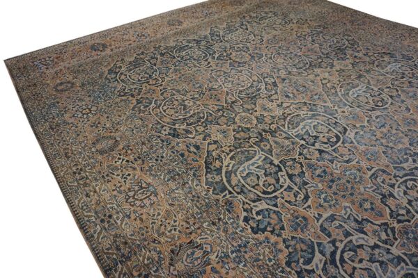 Antique persian bakhtiari rug 12'×18' dark blue, peach border, circa 1920 - detail view 4