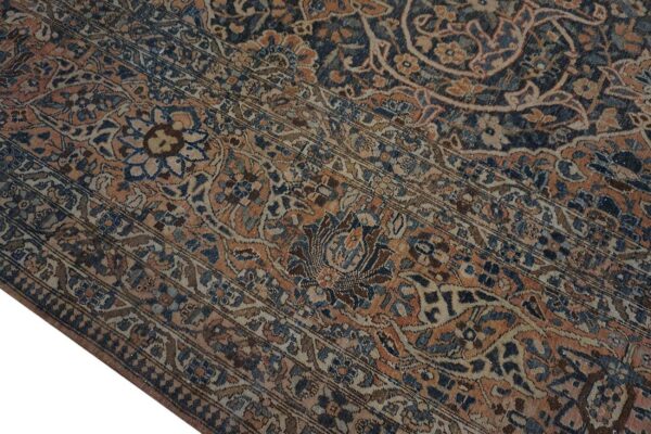 Antique persian bakhtiari rug 12'×18' dark blue, peach border, circa 1920 - detail view 6