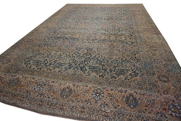 Antique persian bakhtiari rug 12'×18' dark blue, peach border, circa 1920 - detail view 7
