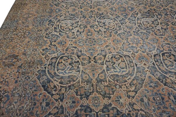 Antique persian bakhtiari rug 12'×18' dark blue, peach border, circa 1920 - detail view 8