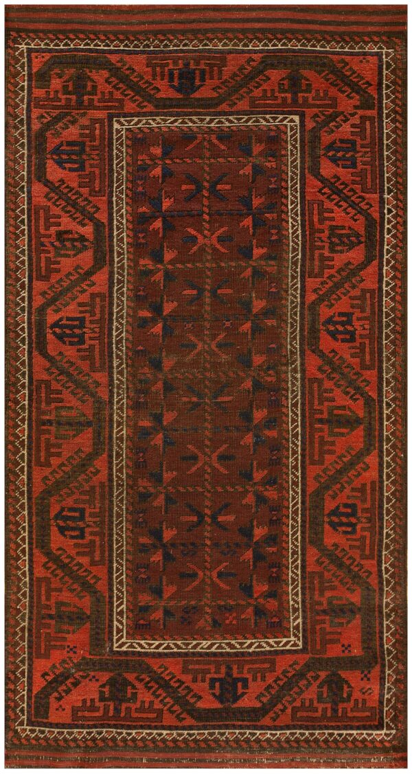 Antique persian baluch turkmen rug, hand-knotted wool, central asian tribal