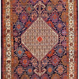 Antique Persian Bibikabad Carpet 7'6"×17'4" Dark Blue Medallion, Ivory Border, Circa 1920
