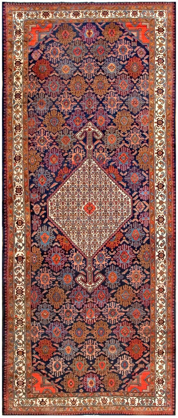 Antique persian bibikabad carpet 7'6"×17'4" dark blue medallion, ivory border, circa 1920