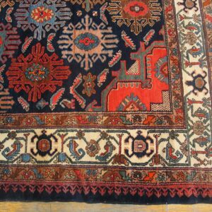 Antique Persian Bibikabad Carpet 7'6"×17'4" Dark Blue Medallion, Ivory Border, Circa 1920 - detail view 1