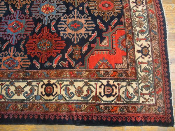 Antique persian bibikabad carpet 7'6"×17'4" dark blue medallion, ivory border, circa 1920 - detail view 1