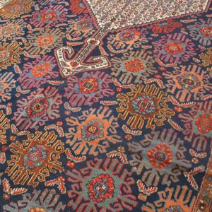 Antique Persian Bibikabad Carpet 7'6"×17'4" Dark Blue Medallion, Ivory Border, Circa 1920 - detail view 4