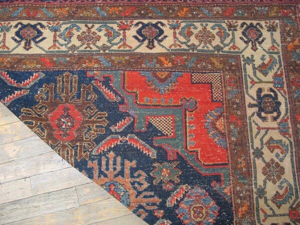Antique persian bibikabad carpet 7'6"×17'4" dark blue medallion, ivory border, circa 1920 - detail view 5