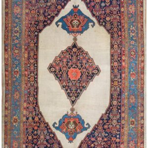 Antique Persian Bijar Rug 8'×14' Ivory Medallion, Formal Design, 1900s