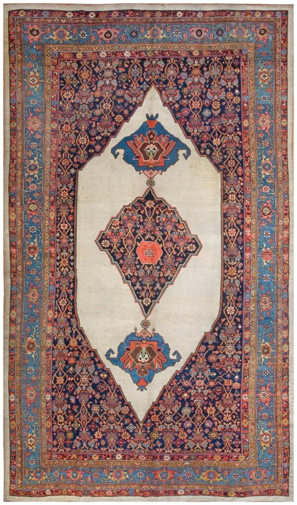 Antique persian bijar rug 8'×14' ivory medallion, formal design, 1900s