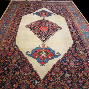 Antique Persian Bijar Rug 8'×14' Ivory Medallion, Formal Design, 1900s - detail view 1