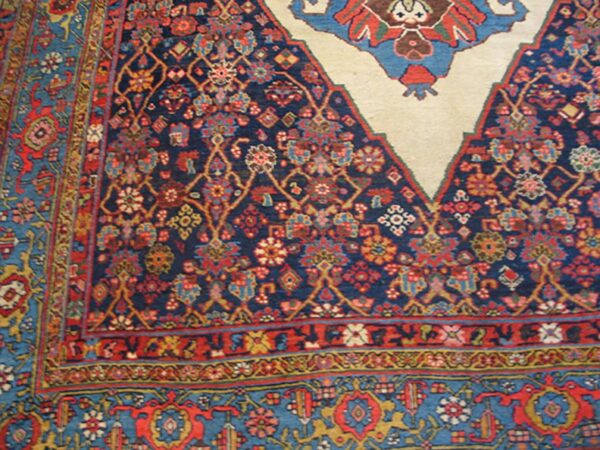 Antique persian bijar rug 8'×14' ivory medallion, formal design, 1900s - detail view 2