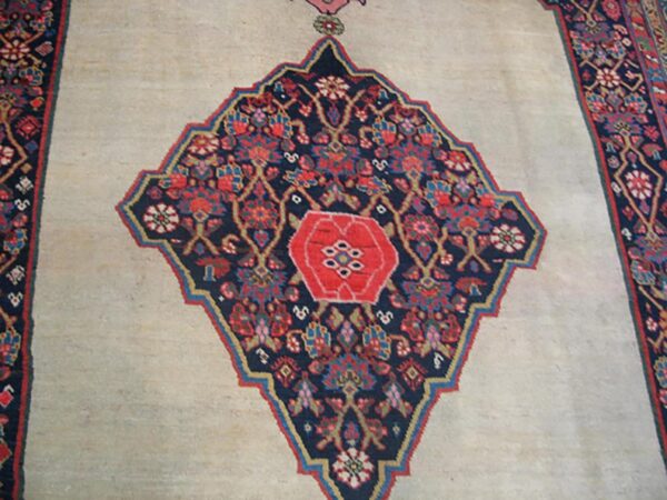 Antique persian bijar rug 8'×14' ivory medallion, formal design, 1900s - detail view 3