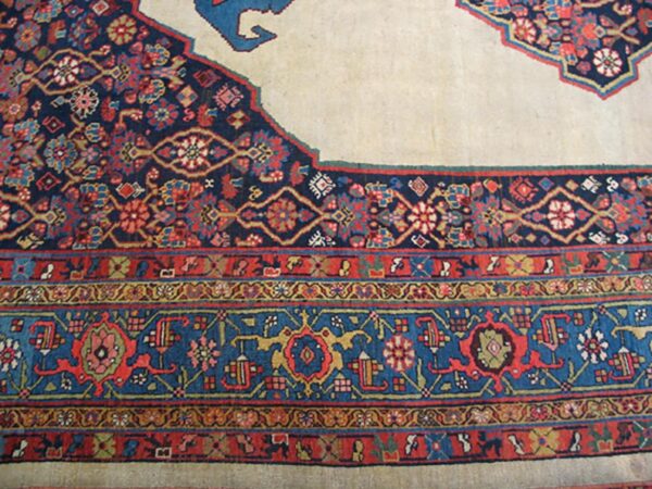 Antique persian bijar rug 8'×14' ivory medallion, formal design, 1900s - detail view 4
