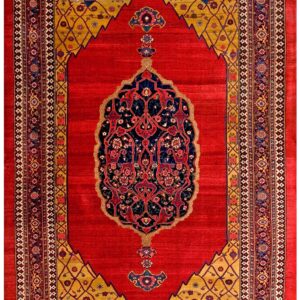 Antique Persian Bijar Rug 7'8"×12'4" Red Medallion, Hand-Woven Wool, 1880s