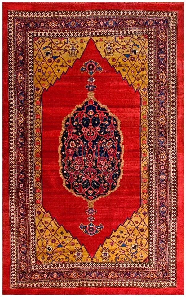 Antique persian bijar rug 7'8"×12'4" red medallion, hand-woven wool, 1880s
