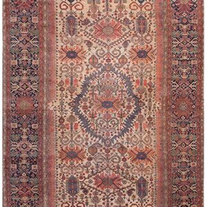 Antique Persian Farahan Carpet 7'10"×16'8" Ivory Field, Dark Blue Border, Mid 19th Century