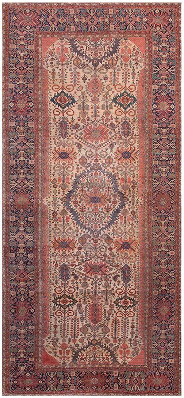 Antique persian farahan carpet 7'10"×16'8" ivory field, dark blue border, mid 19th century