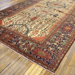 Antique Persian Farahan Carpet 7'10"×16'8" Ivory Field, Dark Blue Border, Mid 19th Century - detail view 1