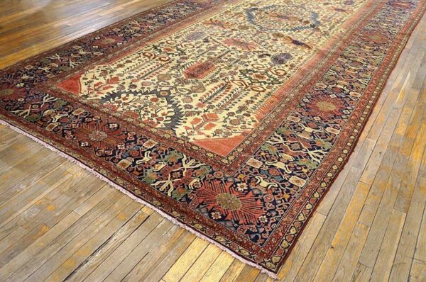 Antique persian farahan carpet 7'10"×16'8" ivory field, dark blue border, mid 19th century - detail view 1