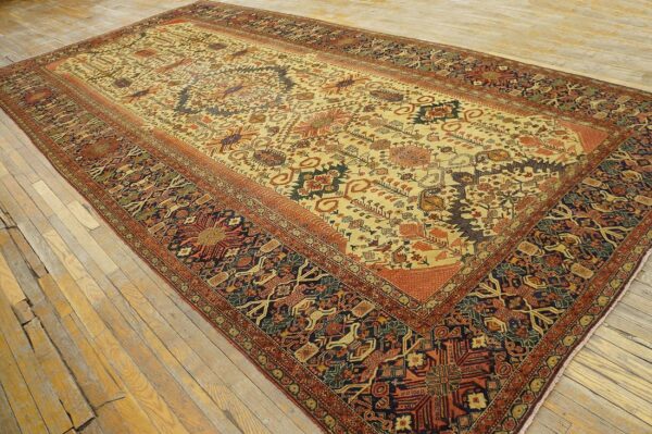 Antique persian farahan carpet 7'10"×16'8" ivory field, dark blue border, mid 19th century - detail view 4