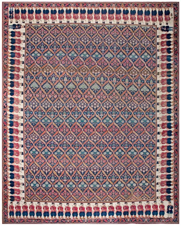 Antique persian formal ne rug 13'6"×16'10" navy floral figural, 1850s
