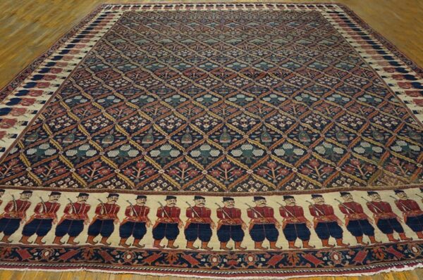Antique persian formal ne rug 13'6"×16'10" navy floral figural, 1850s - detail view 1