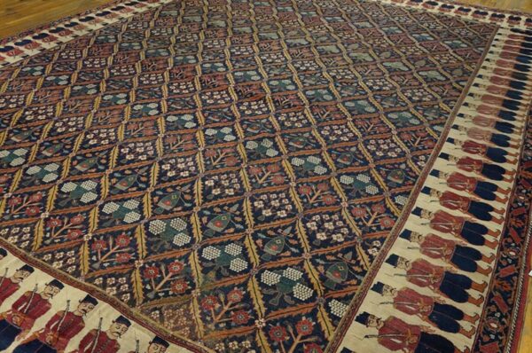 Antique persian formal ne rug 13'6"×16'10" navy floral figural, 1850s - detail view 2