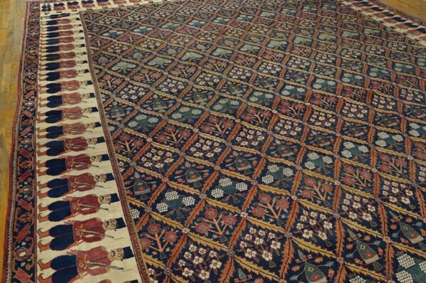 Antique persian formal ne rug 13'6"×16'10" navy floral figural, 1850s - detail view 3