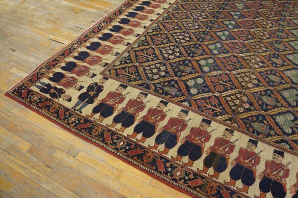Antique persian formal ne rug 13'6"×16'10" navy floral figural, 1850s - detail view 5