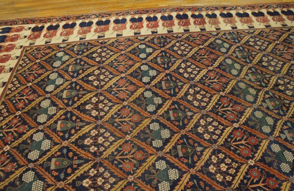 Antique persian formal ne rug 13'6"×16'10" navy floral figural, 1850s - detail view 6