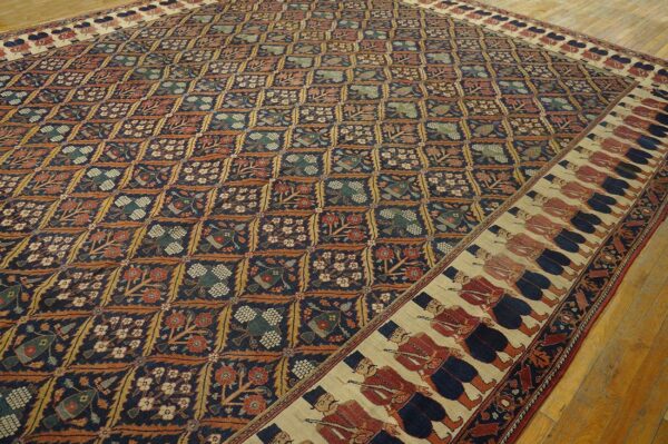 Antique persian formal ne rug 13'6"×16'10" navy floral figural, 1850s - detail view 7