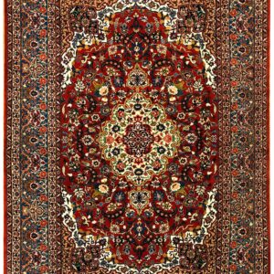 Antique Persian Isfahan Carpet 4'11"Ã—7'5" Red Rust & Blue, Hand-Knotted Wool, 1930s