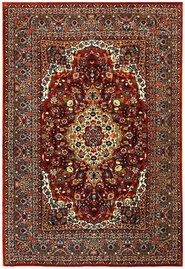 Antique persian isfahan carpet 4'11"ã—7'5" red rust & blue, hand-knotted wool, 1930s