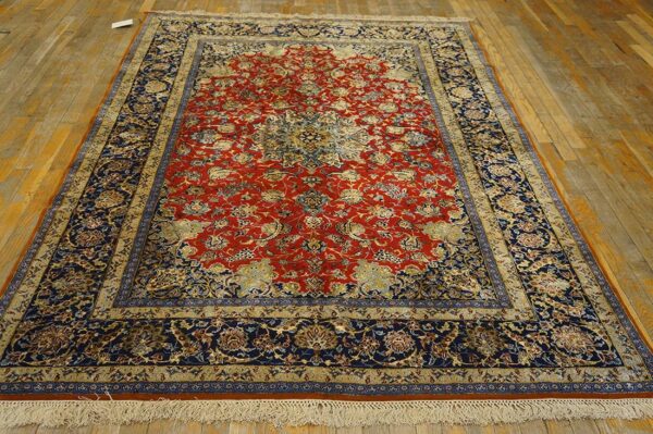 Antique persian isfahan silk rug 5'5"ã—8' hand-knotted, central persia - detail view 1