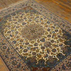 Antique Persian Isfahan Silk Rug 3'8"×5'1" Hand-Knotted Silk, Central Persia - detail view 2