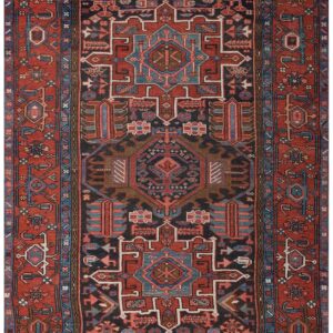 Antique Persian Karajeh Carpet 4'6"×6' Dark Blue Geometric, Red Border, Circa 1930