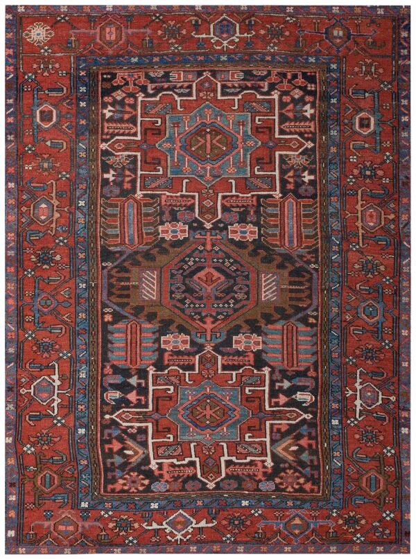 Antique persian karajeh carpet 4'6"×6' dark blue geometric, red border, circa 1930