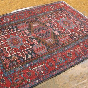 Antique Persian Karajeh Carpet 4'6"×6' Dark Blue Geometric, Red Border, Circa 1930 - detail view 1