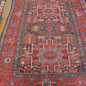 Antique Persian Karajeh Carpet 4'6"×6' Dark Blue Geometric, Red Border, Circa 1930 - detail view 3