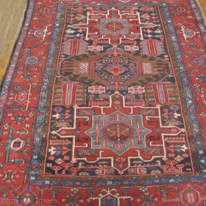Antique Persian Karajeh Carpet 4'6"×6' Dark Blue Geometric, Red Border, Circa 1930 - detail view 4