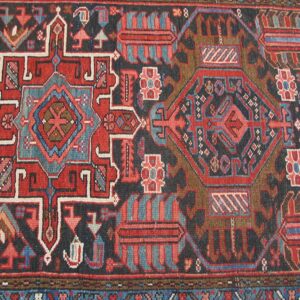 Antique Persian Karajeh Carpet 4'6"×6' Dark Blue Geometric, Red Border, Circa 1930 - detail view 5