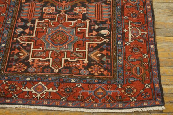 Antique persian karajeh carpet 4'6"×6' dark blue geometric, red border, circa 1930 - detail view 6