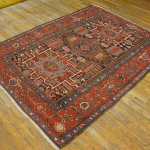Antique Persian Karajeh Carpet 4'6"×6' Dark Blue Geometric, Red Border, Circa 1930 - detail view 7