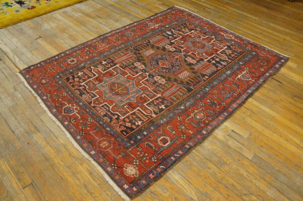 Antique persian karajeh carpet 4'6"×6' dark blue geometric, red border, circa 1930 - detail view 7